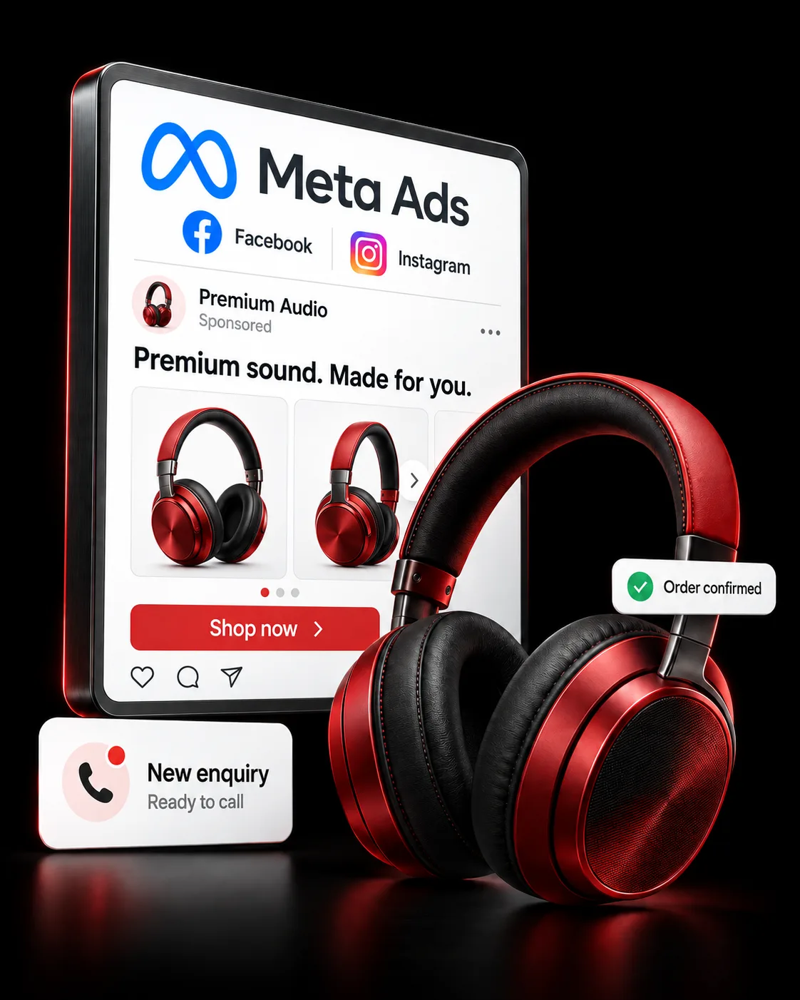 A Meta ad for a premium headphone brand across Facebook and Instagram, with a new enquiry arriving