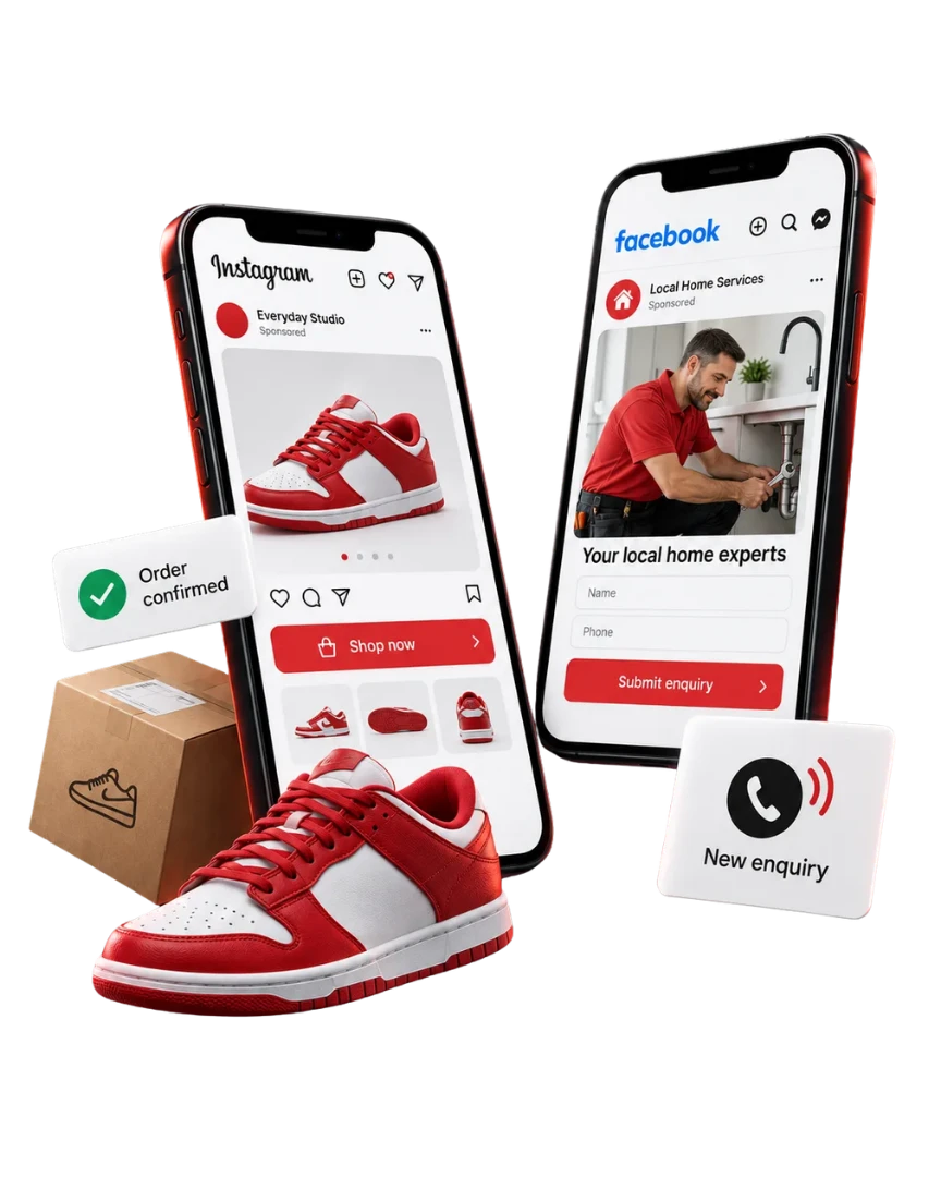 Instagram and Facebook ads on two phones: a sneaker catalogue ad and a home-services enquiry form