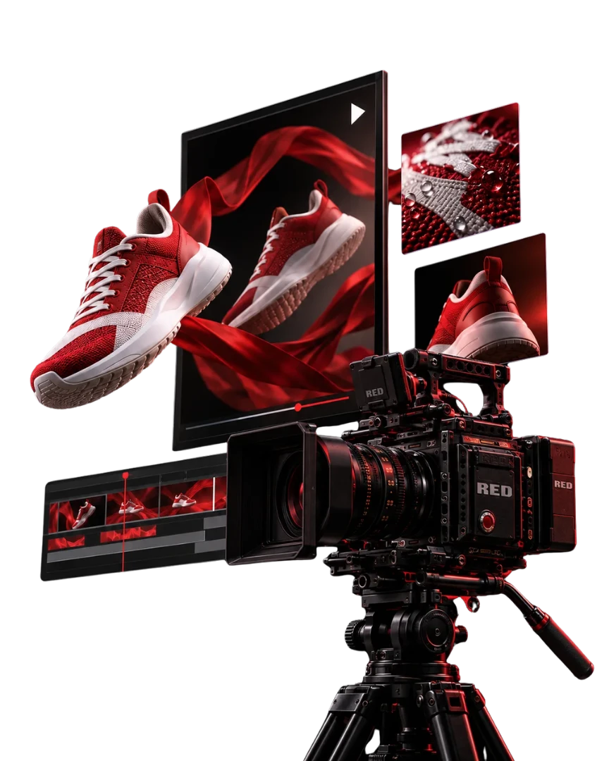 A cinema camera filming a red sneaker for an ad campaign