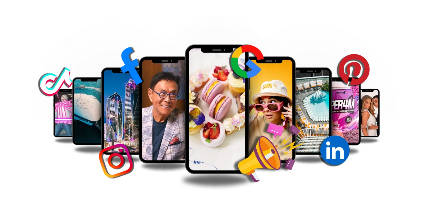 A row of phones showing short vertical social content
